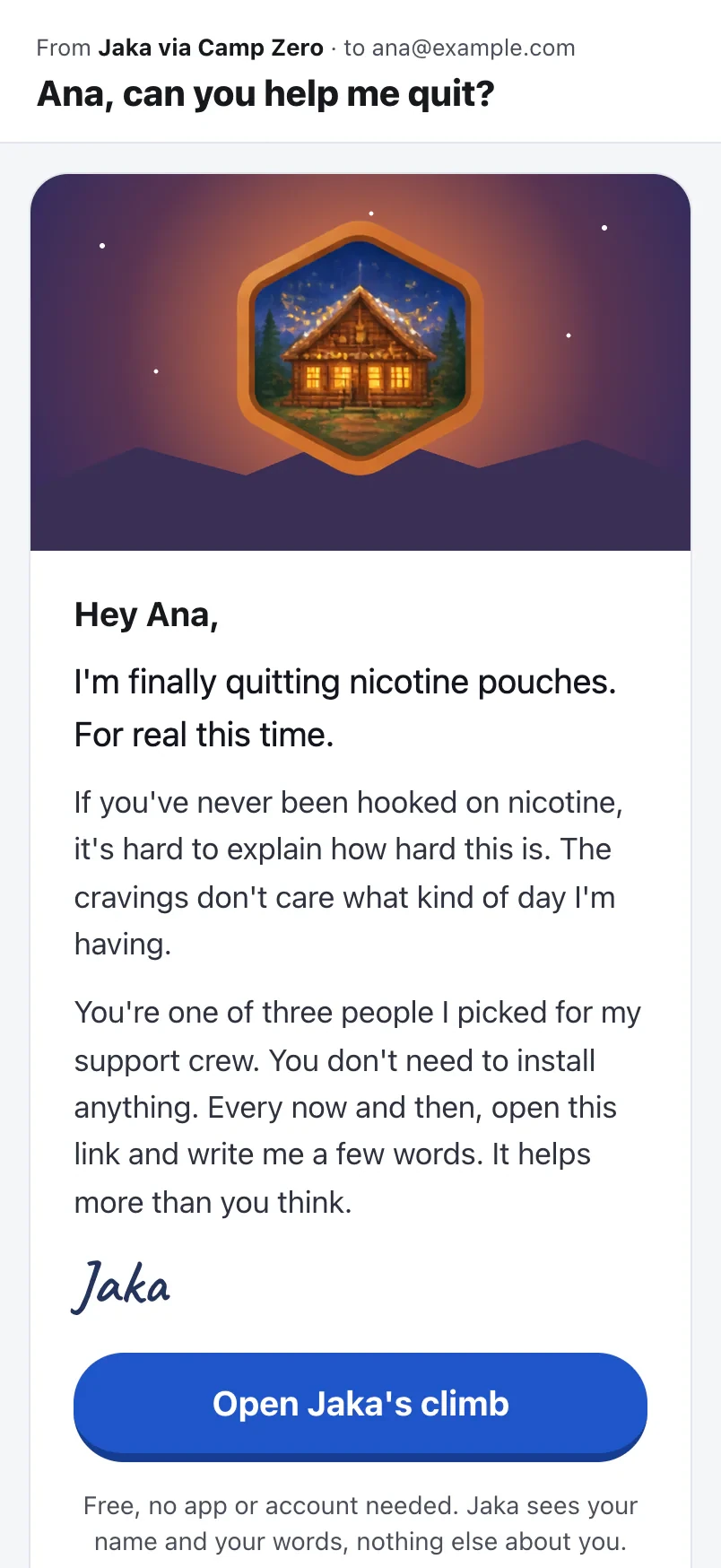 The invite email: Ana, can you help me quit? From Jaka via Camp Zero, with a button to open Jaka's climb. Free, no app or account needed.