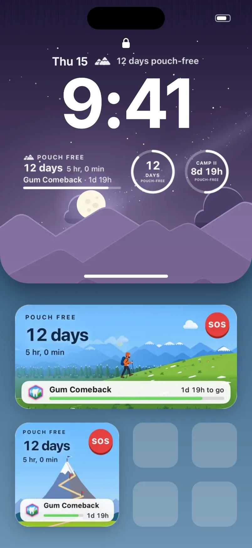 One iPhone screen, half lock screen and half home screen. The lock screen: 9:41, 12 days pouch-free beside the date, the days and Camp II rings and the next milestone. The home screen: the Trail widget with the hiker and the Mountain widget, each with a red SOS button.